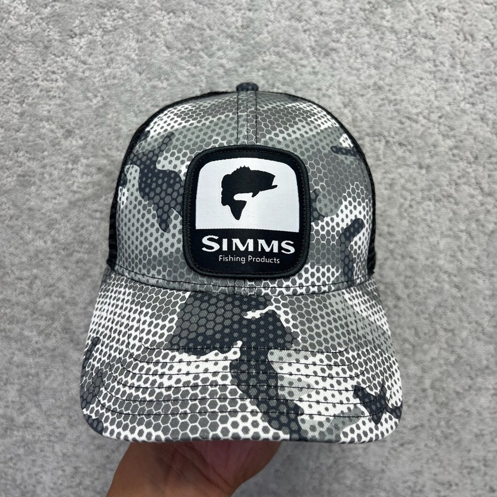 Simms Fishing Products Trucker Hat Gray Hex Camo Mesh Back Snapback Cap Outdoor